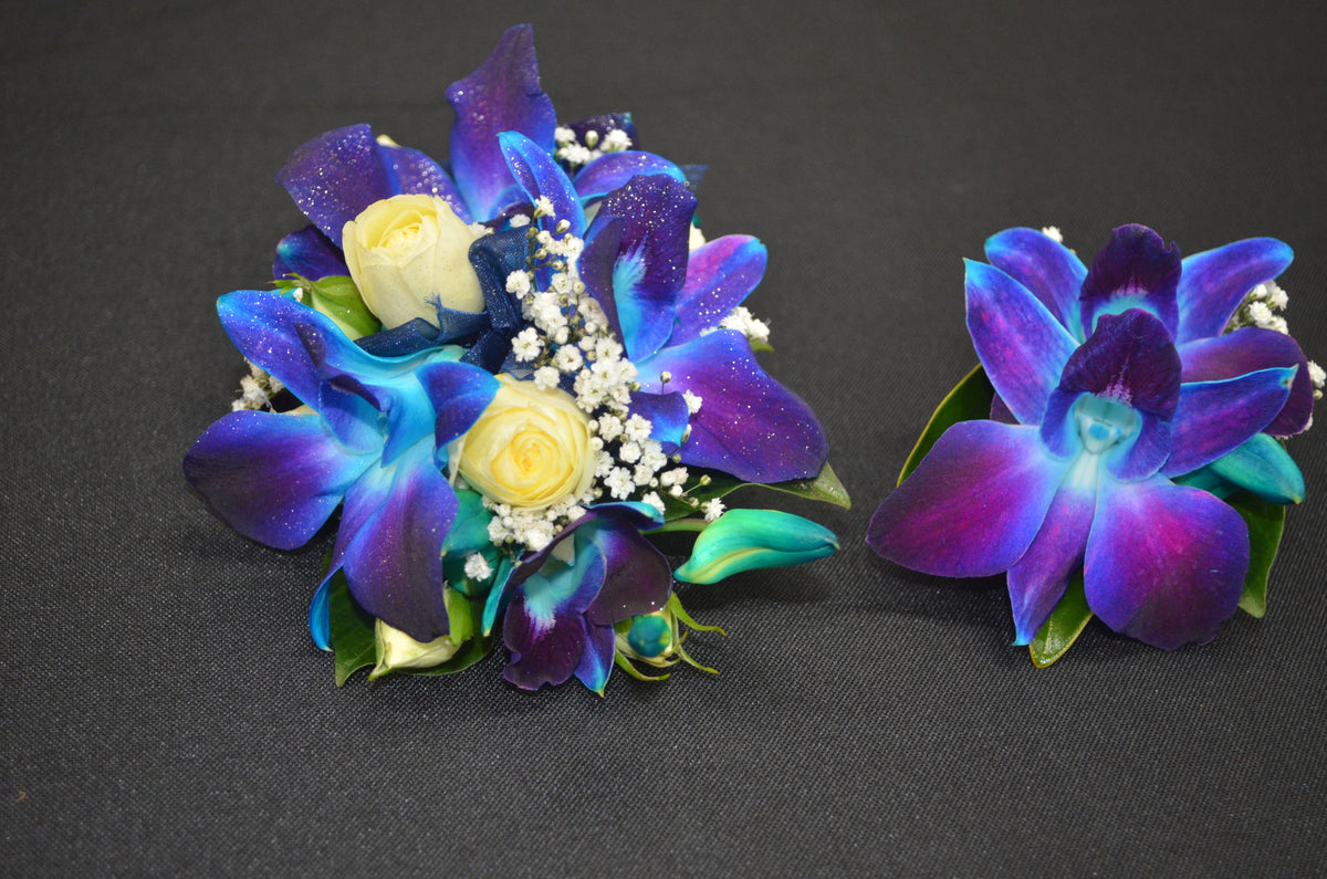 Blue Orchid Corsage & Buttonhole I Do Flowers Cairns