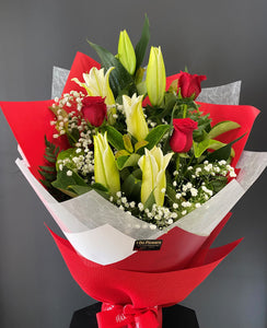Valentines Bouquet of Red Roses and white Oriental Lilies